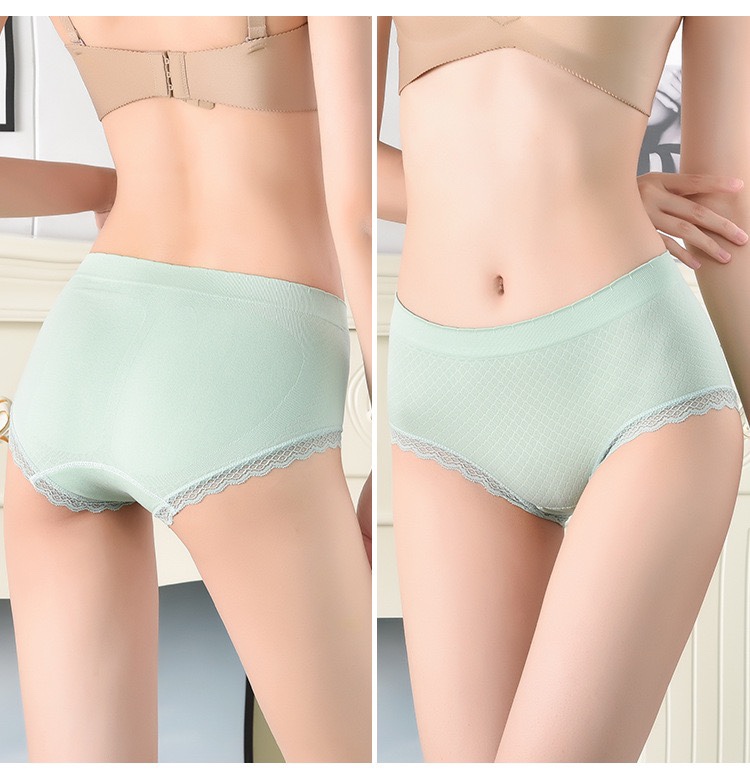 新款无缝方格蚕丝蛋白女士内裤高弹透气舒适裤裆中腰三角裤日系甜美花边裤详情图14
