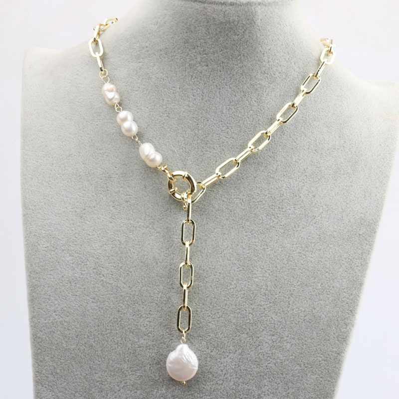 Irregular-shaped pearl pendant necklace for women, Y-shaped collarbone chain, elegant thick chain sweater chain Specification image