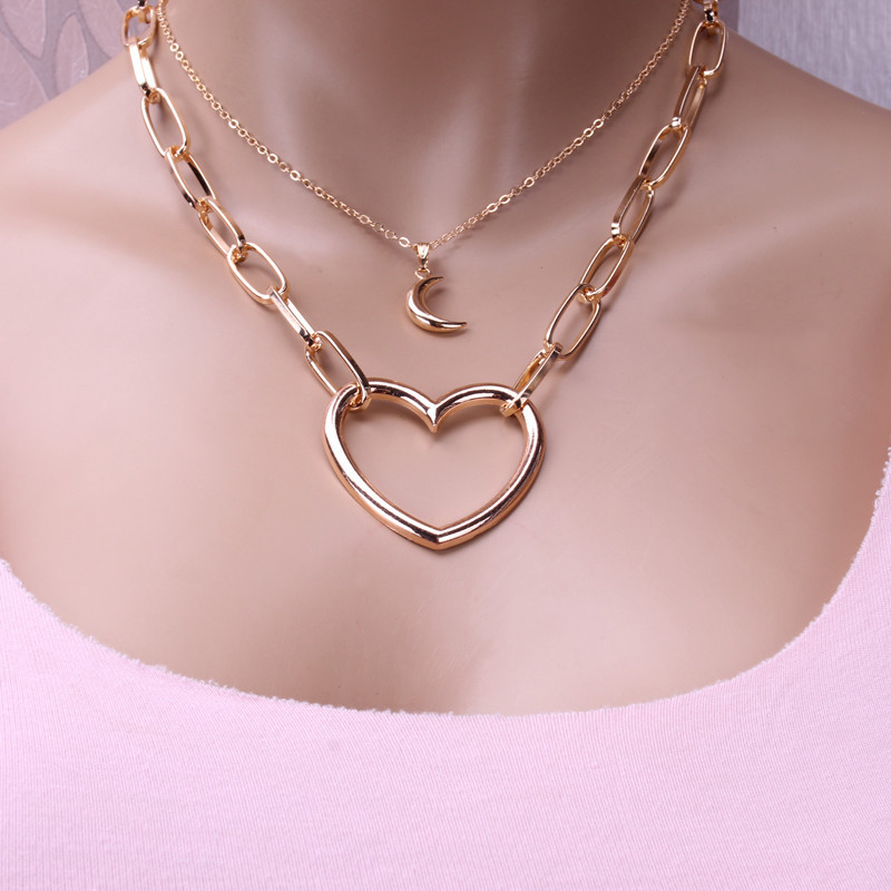 European and American cross-border accessories, multi-layered, personalized and versatile moon two-piece set accessories, heart pendant, sweater chain, necklace for women Item Picture
