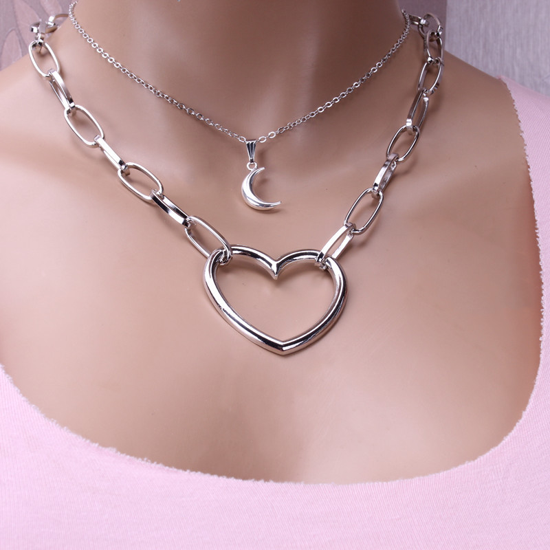 European and American cross-border accessories, multi-layered, personalized and versatile moon two-piece set accessories, heart pendant, sweater chain, necklace for women undefined