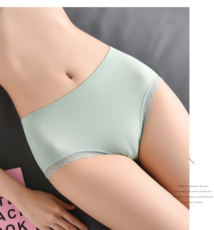 新款无缝方格蚕丝蛋白女士内裤高弹透气舒适裤裆中腰三角裤日系甜美花边裤详情图16