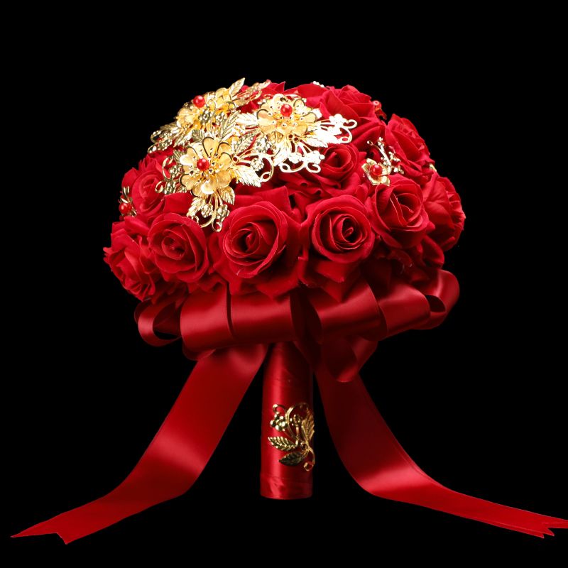 Chinese-style simulated foam silk fabric for Phoenix wedding bride's grand red festive bouquet wedding photography outdoor props Specification image