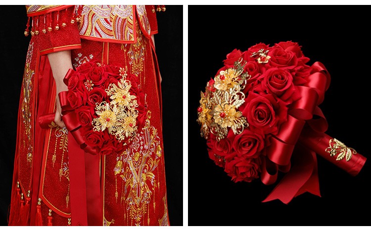 Chinese-style simulated foam silk fabric for Phoenix wedding bride's grand red festive bouquet wedding photography outdoor props detail image 8