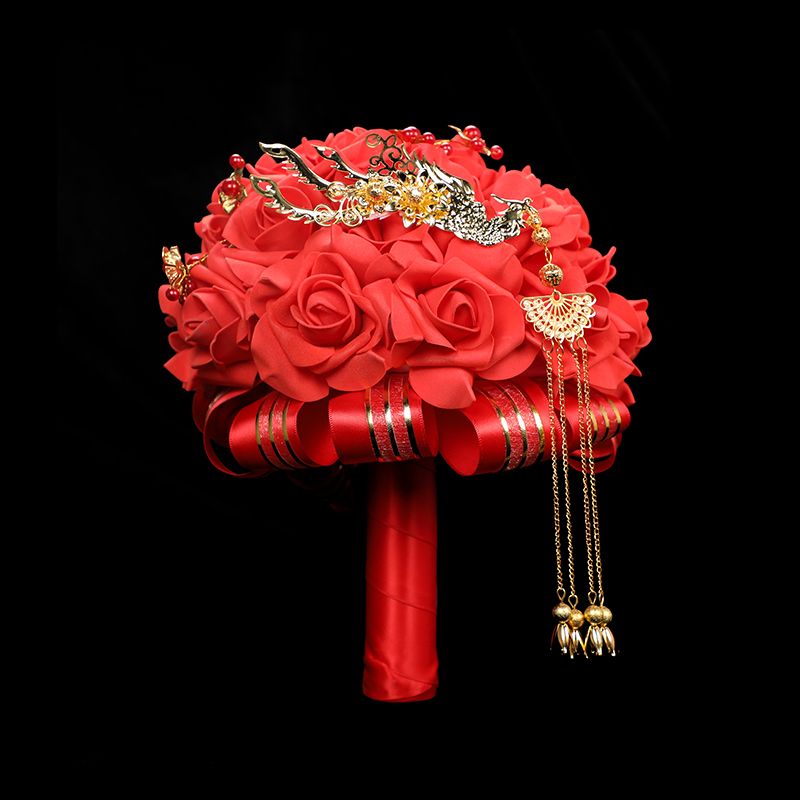 Chinese-style simulated foam silk fabric for Phoenix wedding bride's grand red festive bouquet wedding photography outdoor props Item Picture