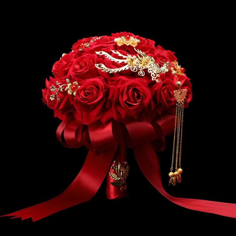 Chinese-style simulated foam silk fabric for Phoenix wedding bride's grand red festive bouquet wedding photography outdoor props