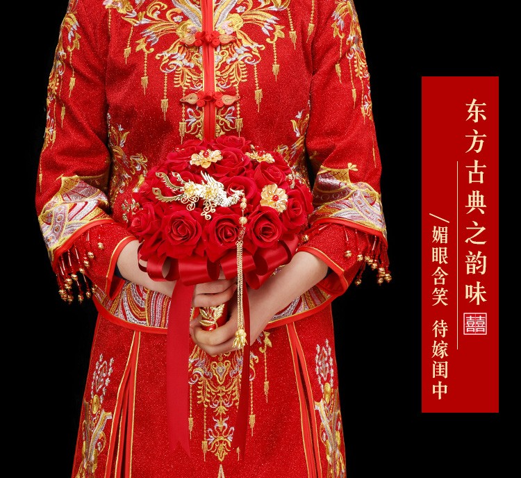 Chinese-style simulated foam silk fabric for Phoenix wedding bride's grand red festive bouquet wedding photography outdoor props detail image 14