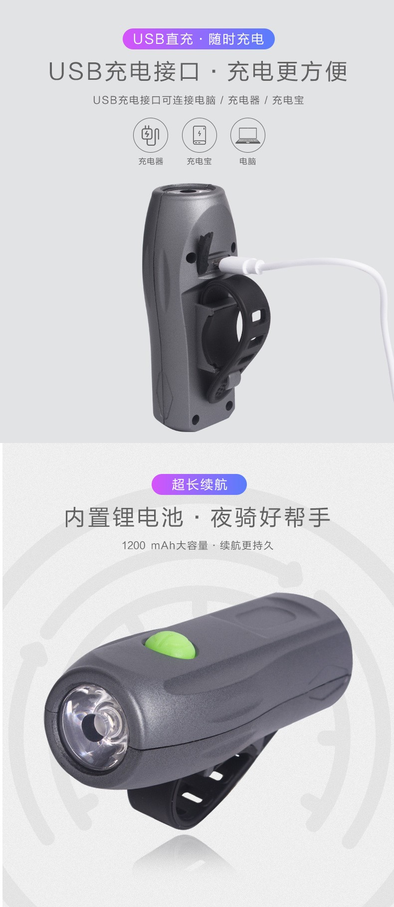 充电山地自行车灯车前灯强光夜骑灯骑行手电筒单车夜间照明灯配件详情图5