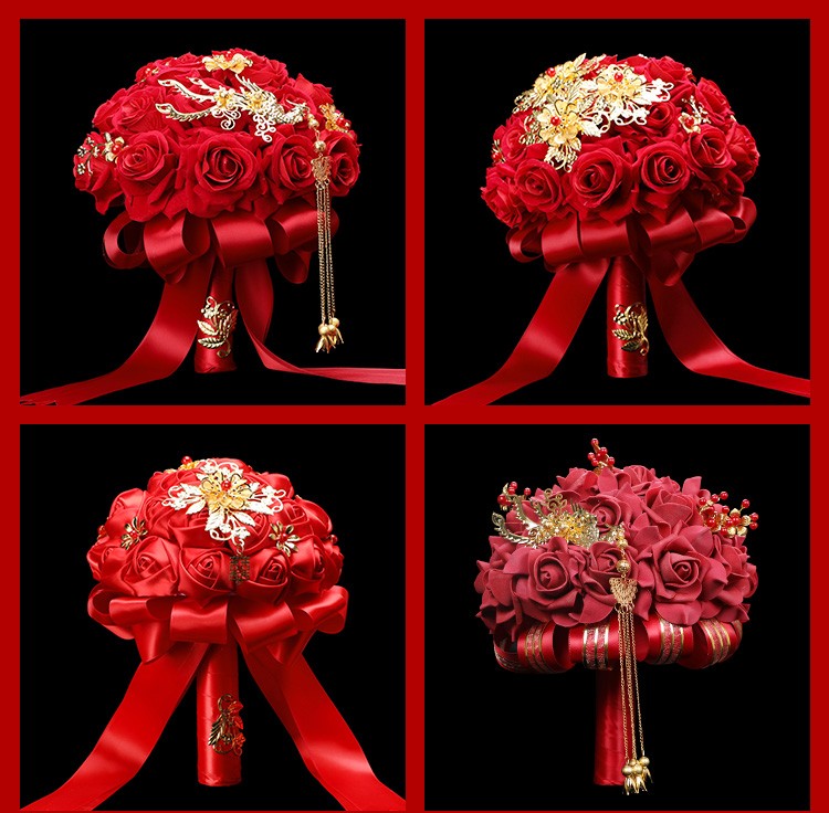 Chinese-style simulated foam silk fabric for Phoenix wedding bride's grand red festive bouquet wedding photography outdoor props detail image 13