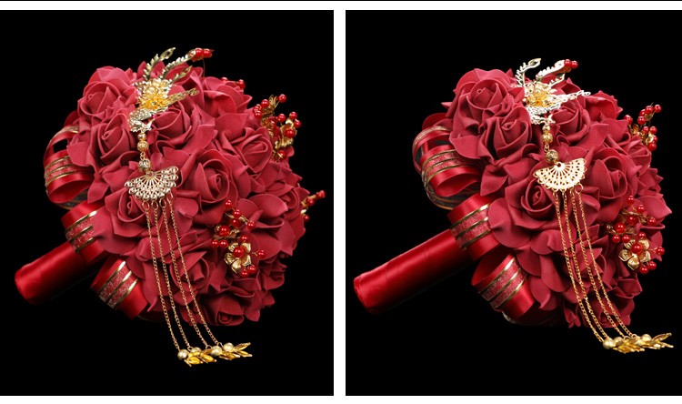 Chinese-style simulated foam silk fabric for Phoenix wedding bride's grand red festive bouquet wedding photography outdoor props detail image 7