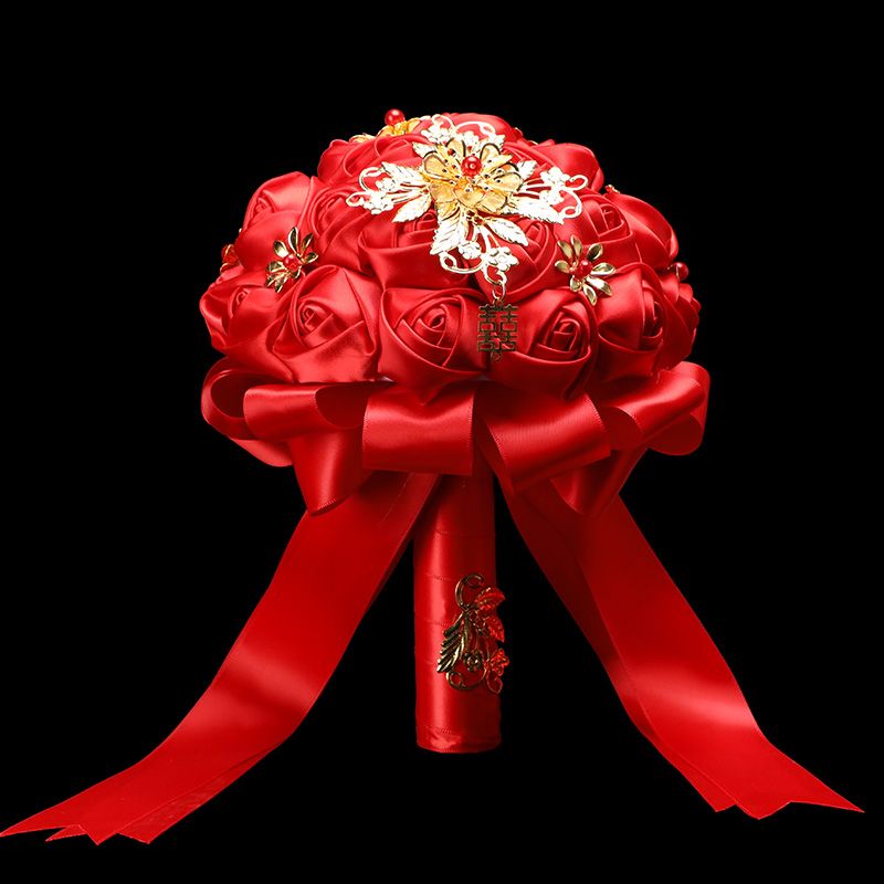 Chinese-style simulated foam silk fabric for Phoenix wedding bride's grand red festive bouquet wedding photography outdoor props details Picture