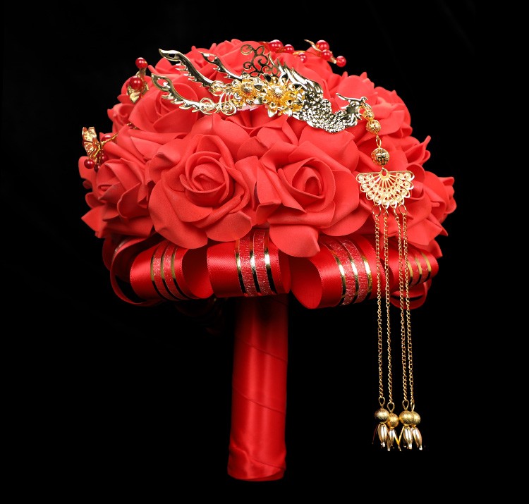 Chinese-style simulated foam silk fabric for Phoenix wedding bride's grand red festive bouquet wedding photography outdoor props detail image 9