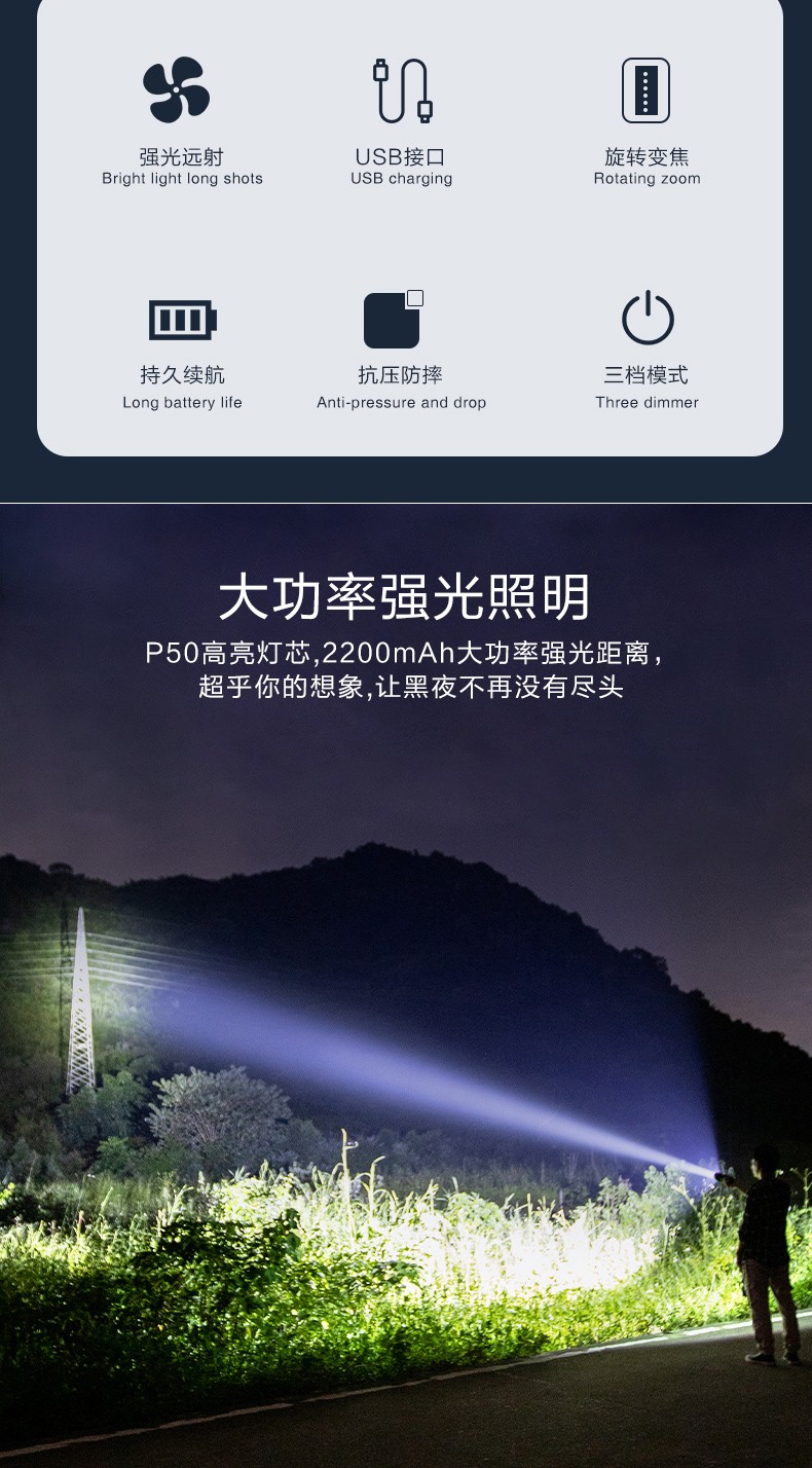 P50超长续航强光手电筒 远射 可充电 手电筒小 便携详情图2
