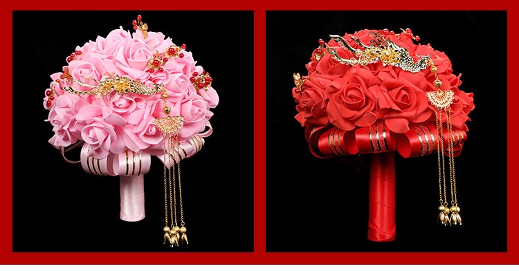 Chinese-style simulated foam silk fabric for Phoenix wedding bride's grand red festive bouquet wedding photography outdoor props detail image 6