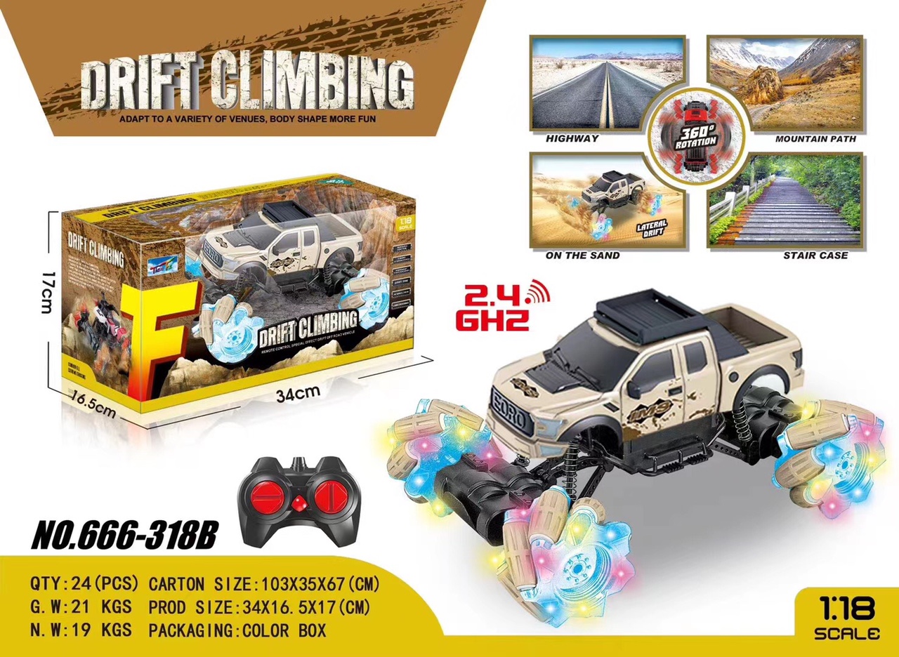 Side-traveling off-road climbing vehicle with lights and side-traveling remote control stunt vehicle