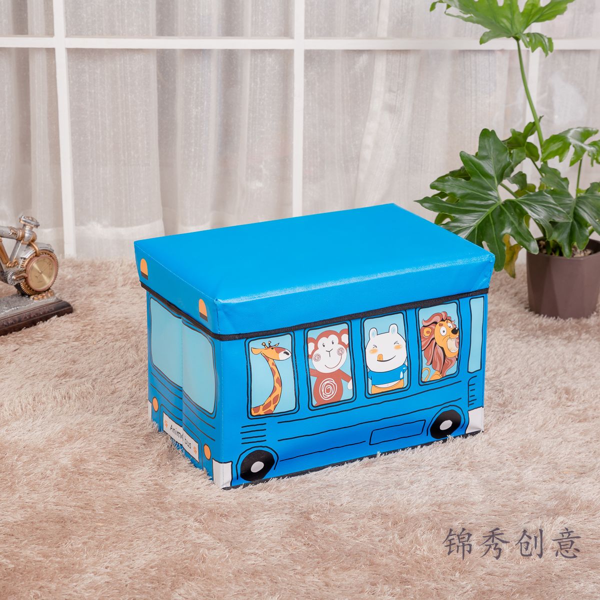Storage box cartoon school bus large storage stool environmental protection durable folding can sit can store thumbnail
