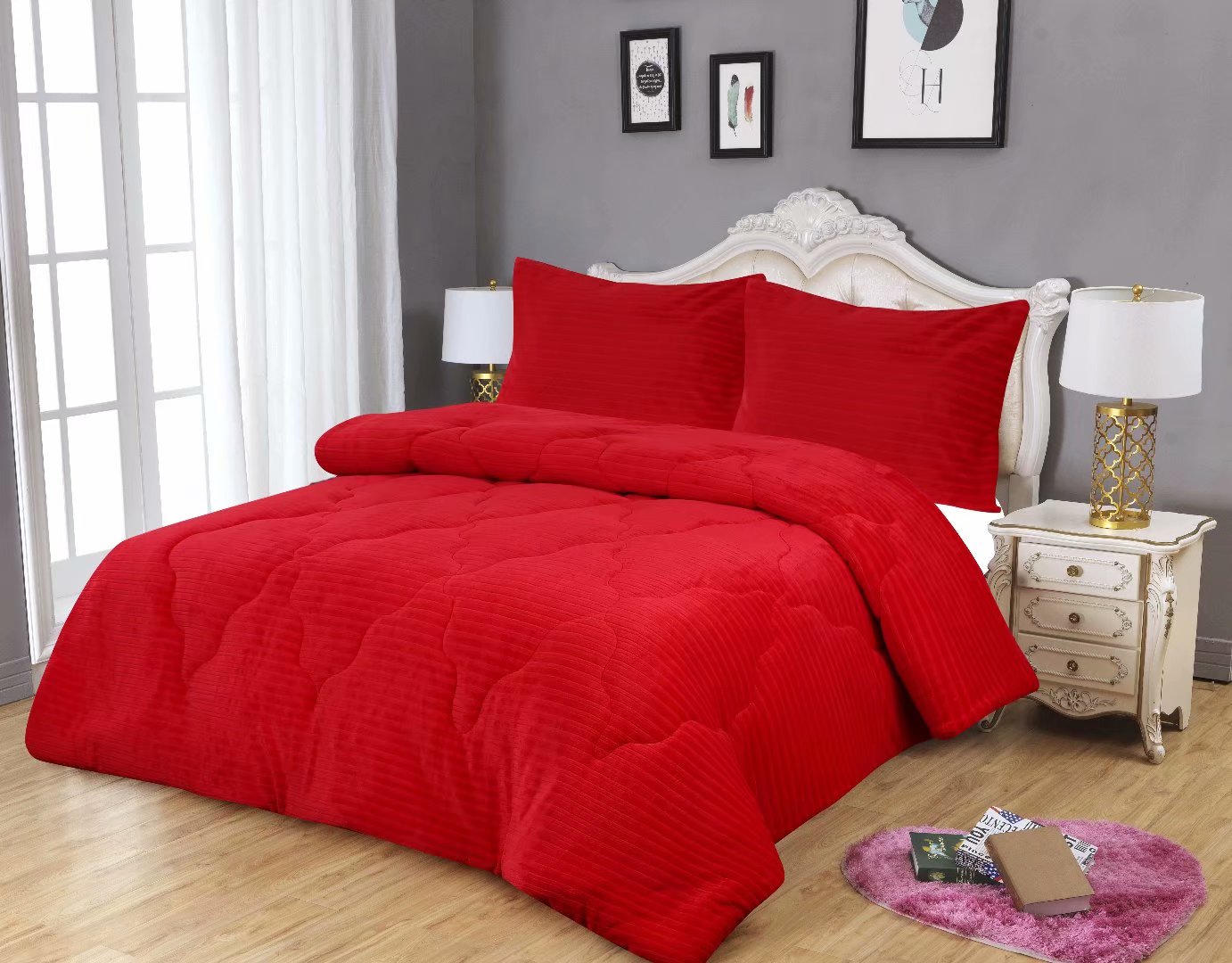 法兰绒抽条被新款纯色被子三件套四件套 正红