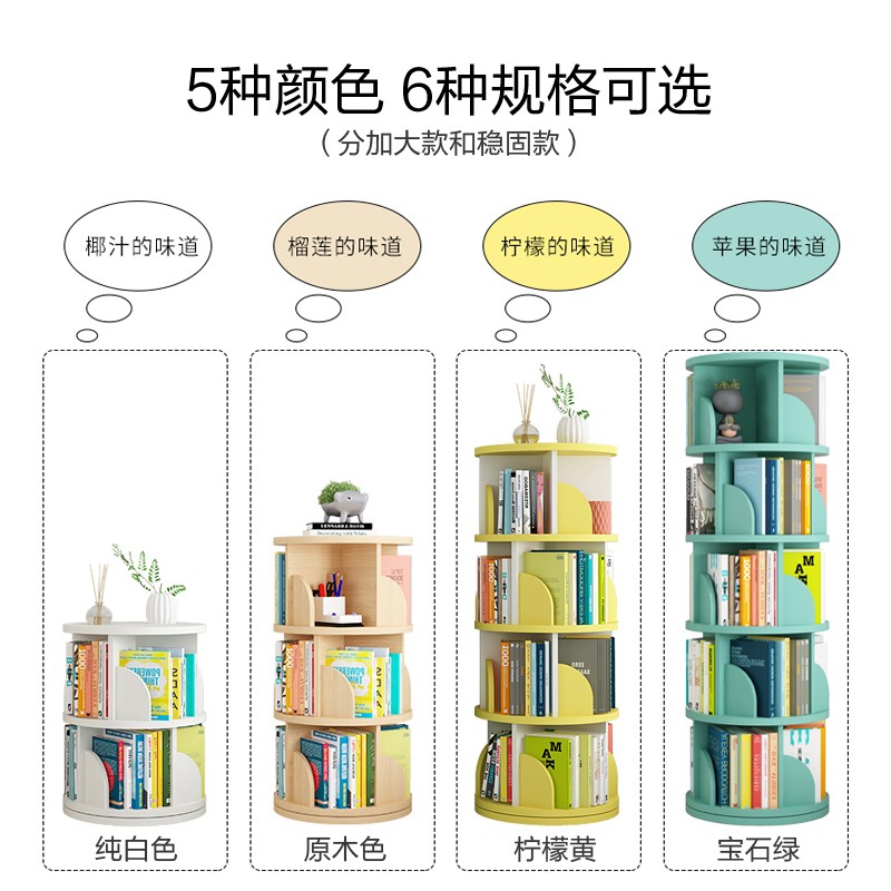 The new six-layer circular rotating bookshelf, ZX-1471, with a diameter of 46CM, features a 360-degree floor-standing design for children and babies, a simple picture book storage rack for home use, and a simple student bookcase detail image 2