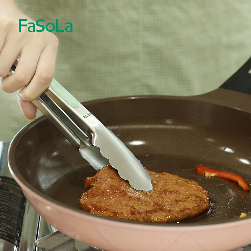 加长烤肉夹子硅胶防烫耐高温食物夹家用煎牛排夹专用夹面包食品夹蔬菜篮夹（不锈钢食品夹9寸）
