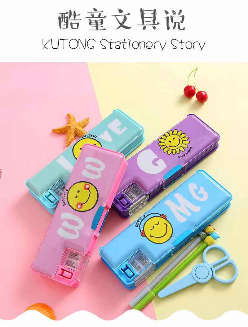 Wholesale top grade best selling double-sided plastic smiley pencil case with sharpener full figure