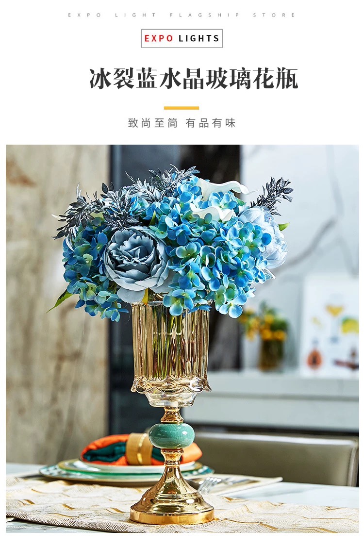 Light luxury gold metal crystal glass vase European model room table top decorative vase set thumbnail