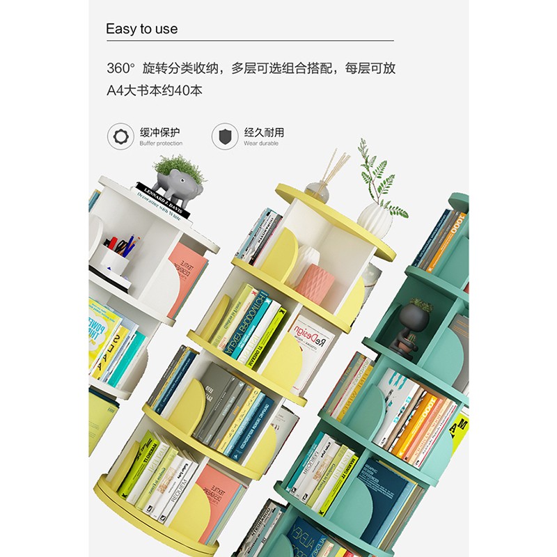 The new five-layer circular rotating bookshelf, ZX-1469, with a diameter of 46CM, features a 360-degree floor-standing design for children and babies, a simple picture book storage rack, and a simple student bookcase for home use detail image 7