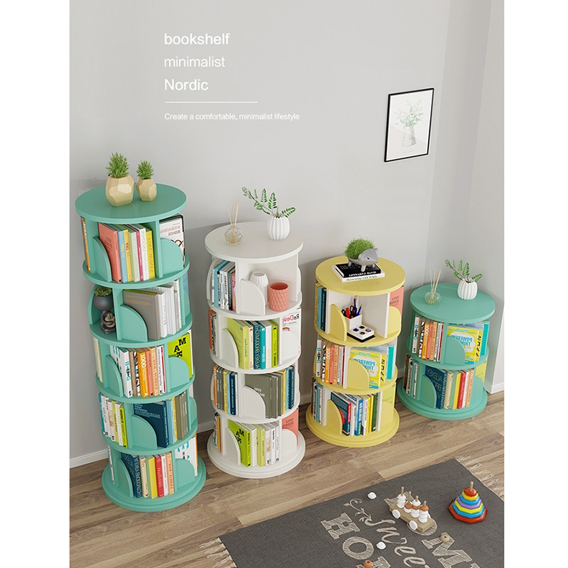 The new five-layer circular rotating bookshelf, ZX-1469, with a diameter of 46CM, features a 360-degree floor-standing design for children and babies, a simple picture book storage rack, and a simple student bookcase for home use detail image 1