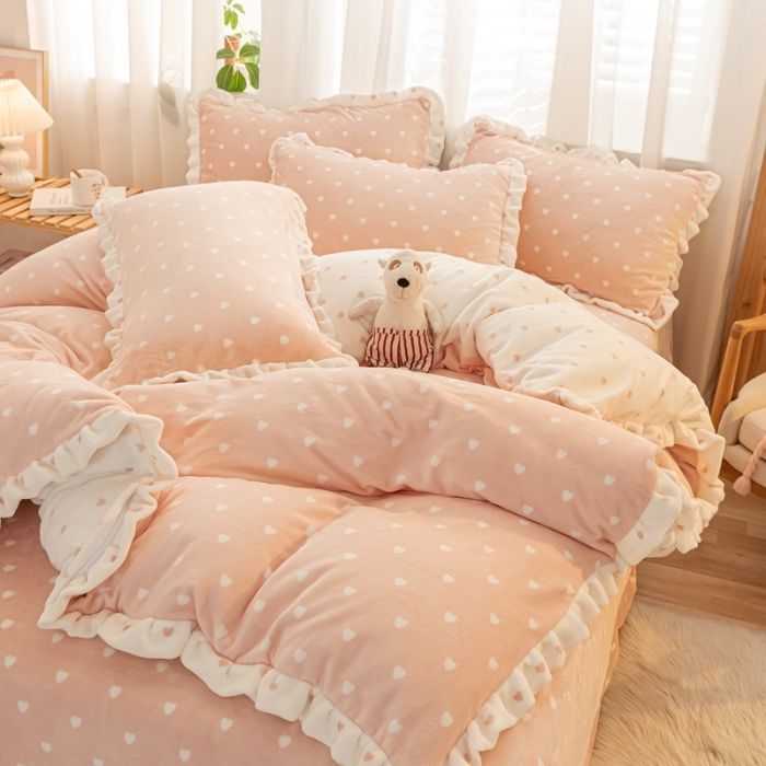 Winter reinforced coral flannel milk flannel four - piece pink thumbnail