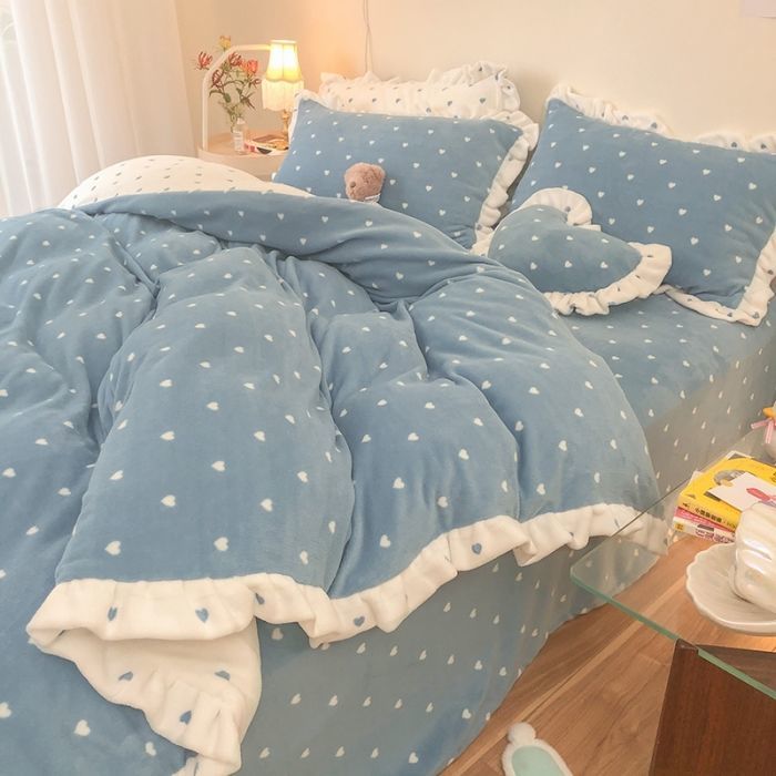 Winter reinforced coral flannel milk flannel four - piece set of fresh blue thumbnail