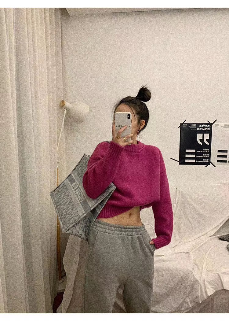 纯色套头毛衣针织衫韩版玫红色