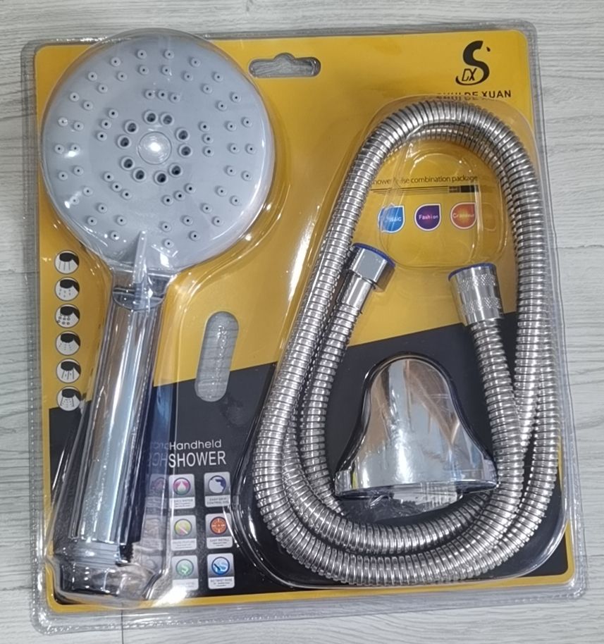 The handheld showerhead cover is assembled with a flexible hose and vacuum-formed packaging