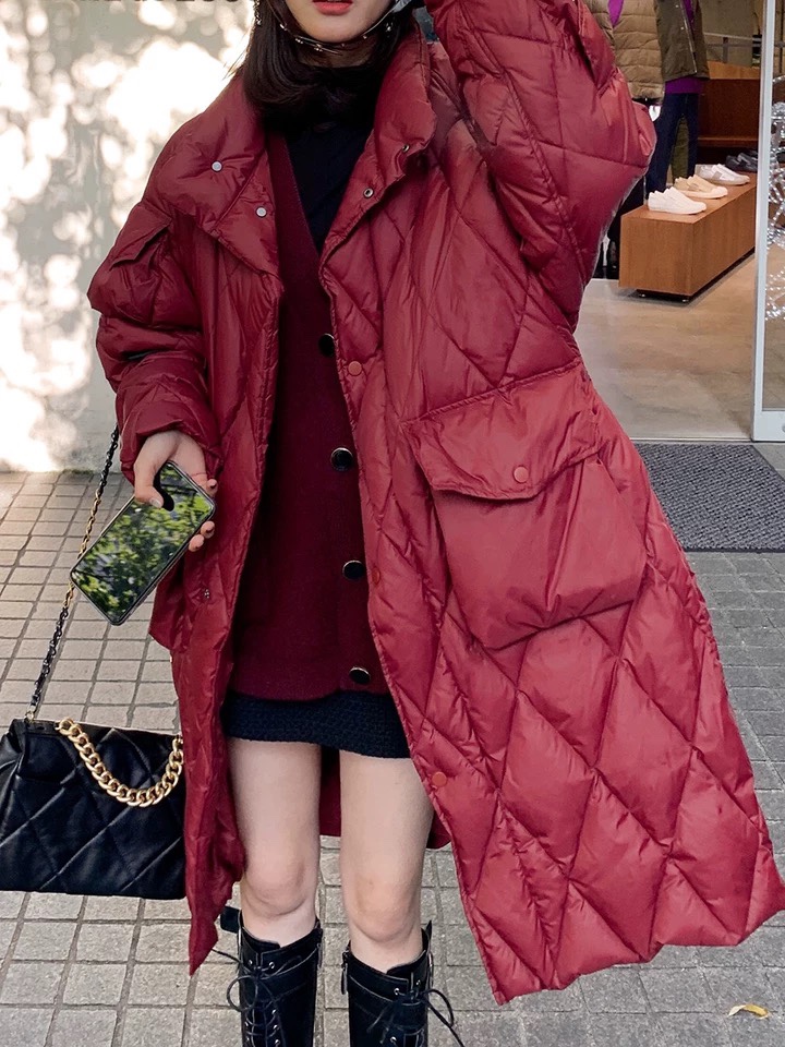 工装风大口袋菱格中长款羽绒服女轻薄保暖外套 长款 暗红色图