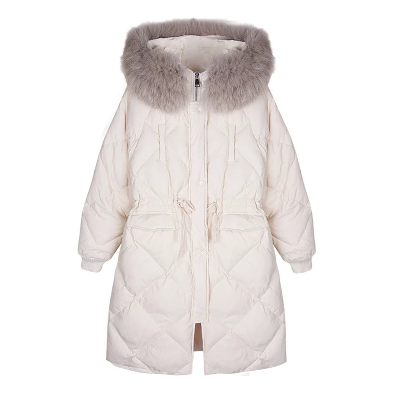 收腰白色真毛领羽绒服女中长款过膝加厚外套 白