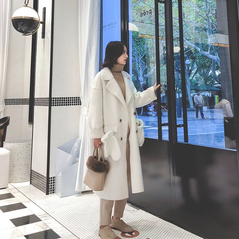 仿黄金貂绒毛呢外套女小个子过膝加厚赫本呢子大衣 白色