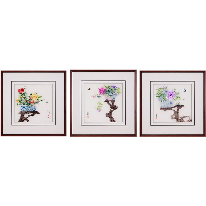 沙发背后客厅办公室书房 博古架牡丹三联 纯手工刺绣 55*55*3cm