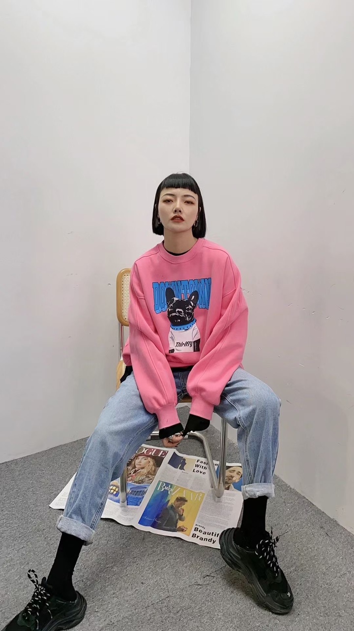 套头卫衣宽松韩版粉色狗狗