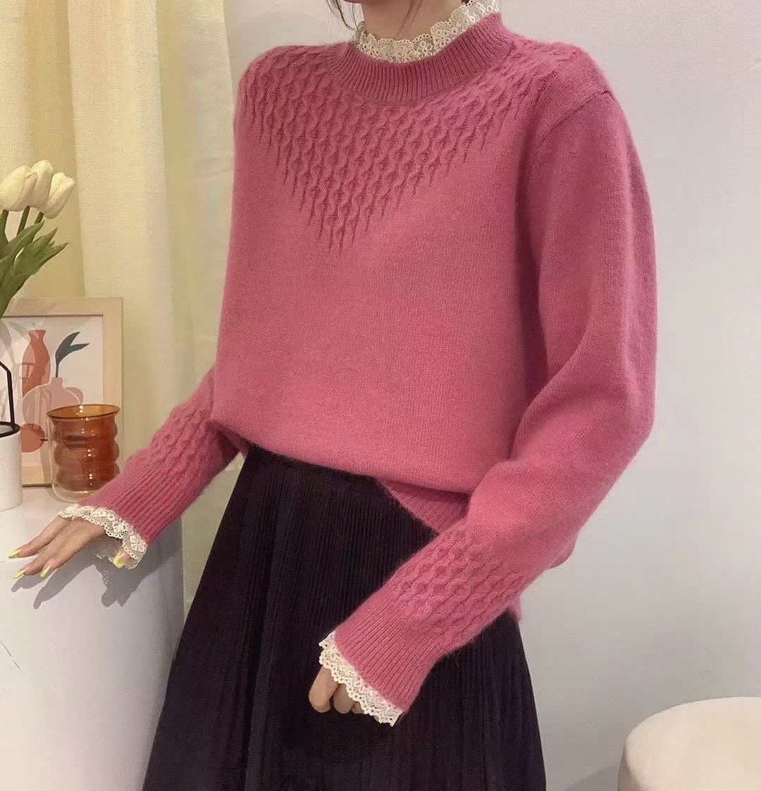 套头针织衫花边领皮粉