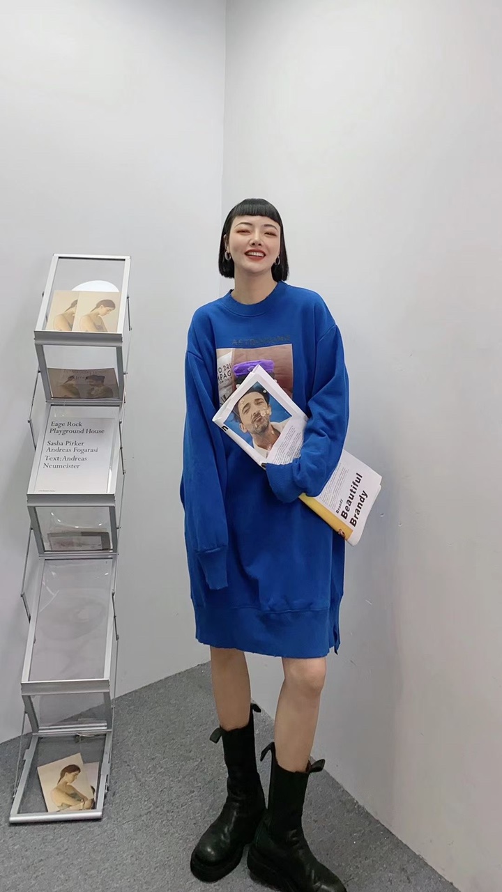 套头卫衣宽松韩版蓝色中长款