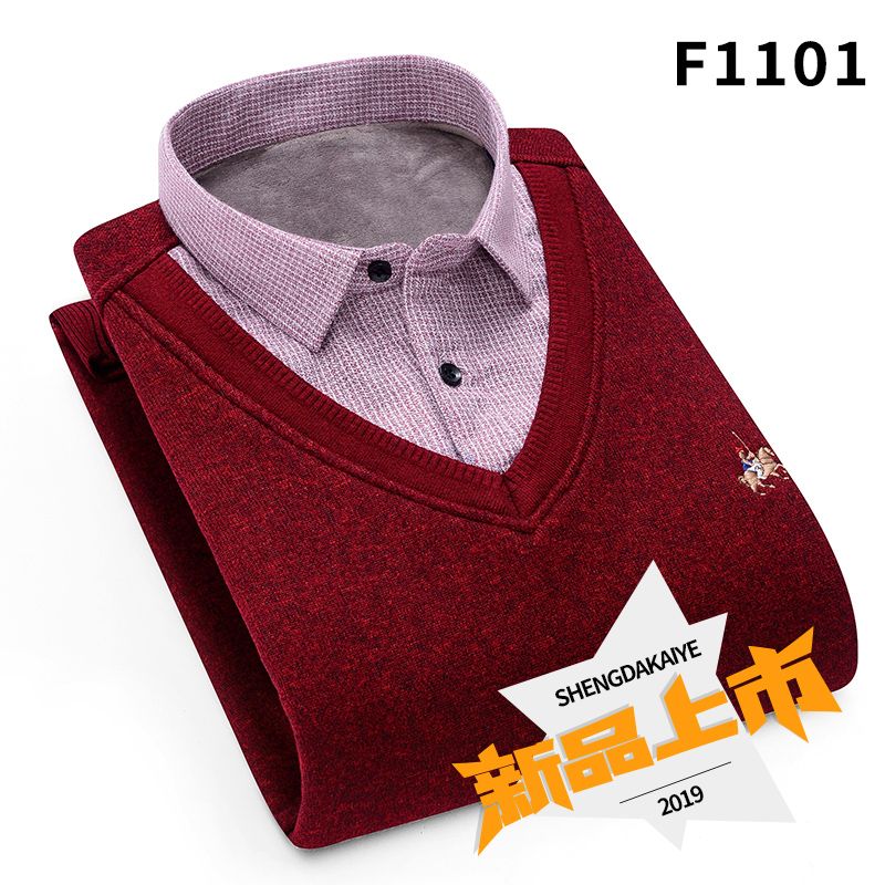 Men's faux two-piece sweater shirt leads the trend of fashionable and casual men's autumn and winter base knitted sweater wholesale