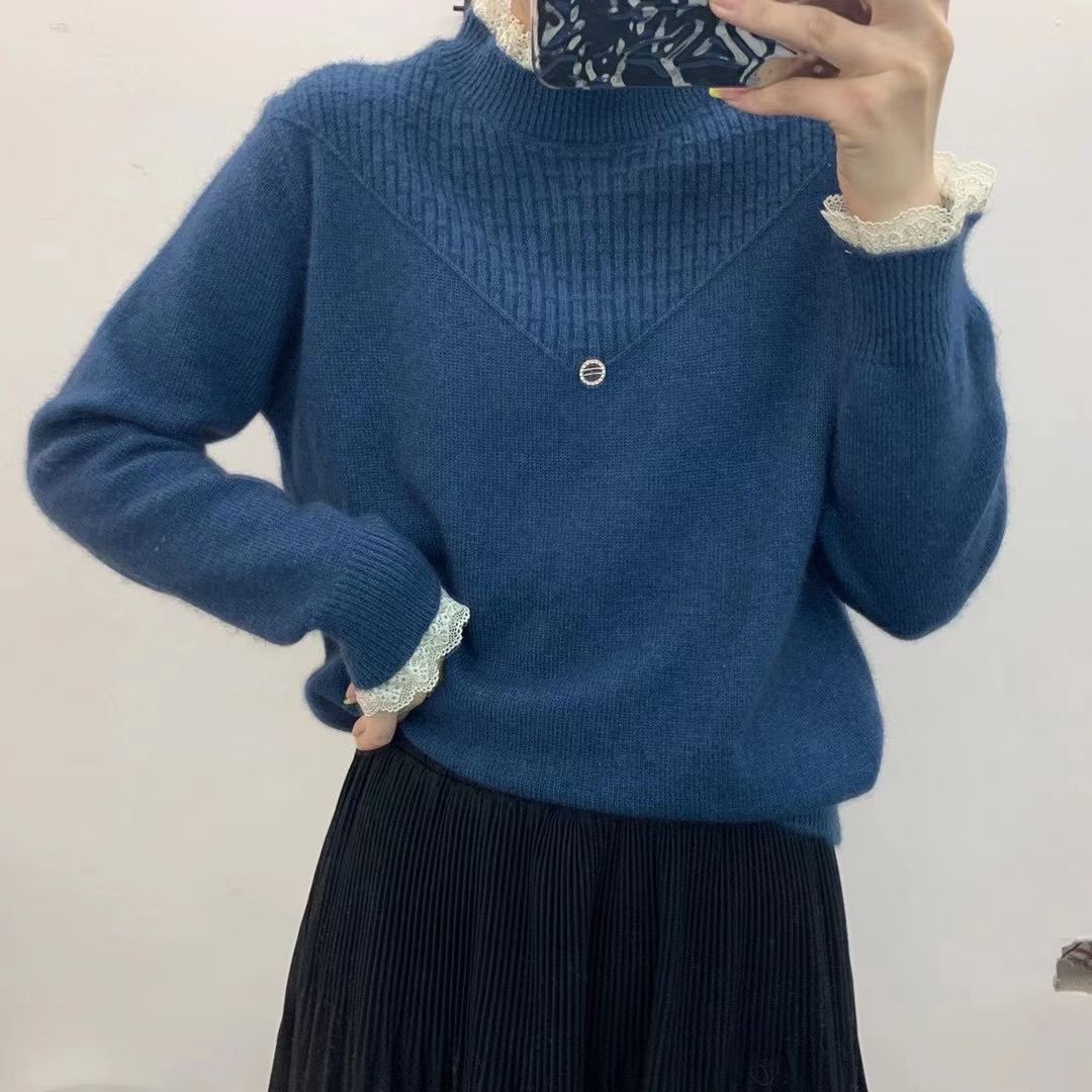 套头针织衫花边领孔雀蓝