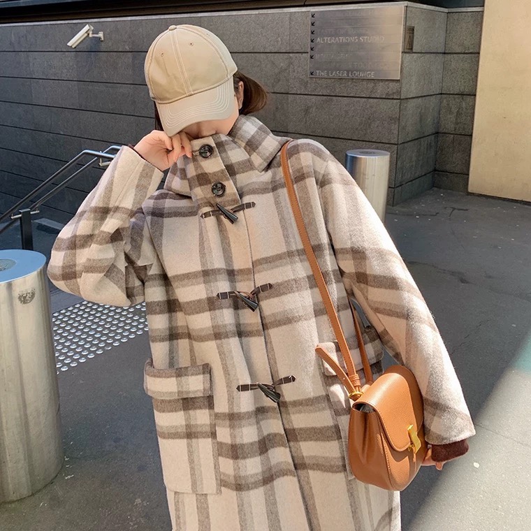 英伦学院复古风格纹双面呢大衣连帽立领长款毛呢牛角扣外套