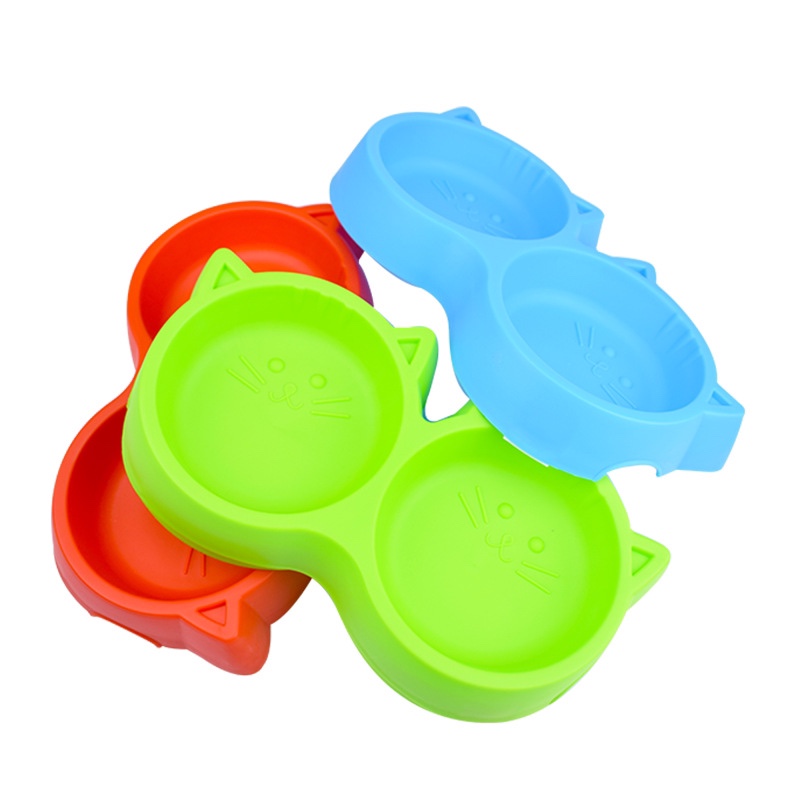Factory direct sales of high-quality colored pet double-bowl cat face anti-slip dog plastic bowl pet dog supplies wholesale Item Picture