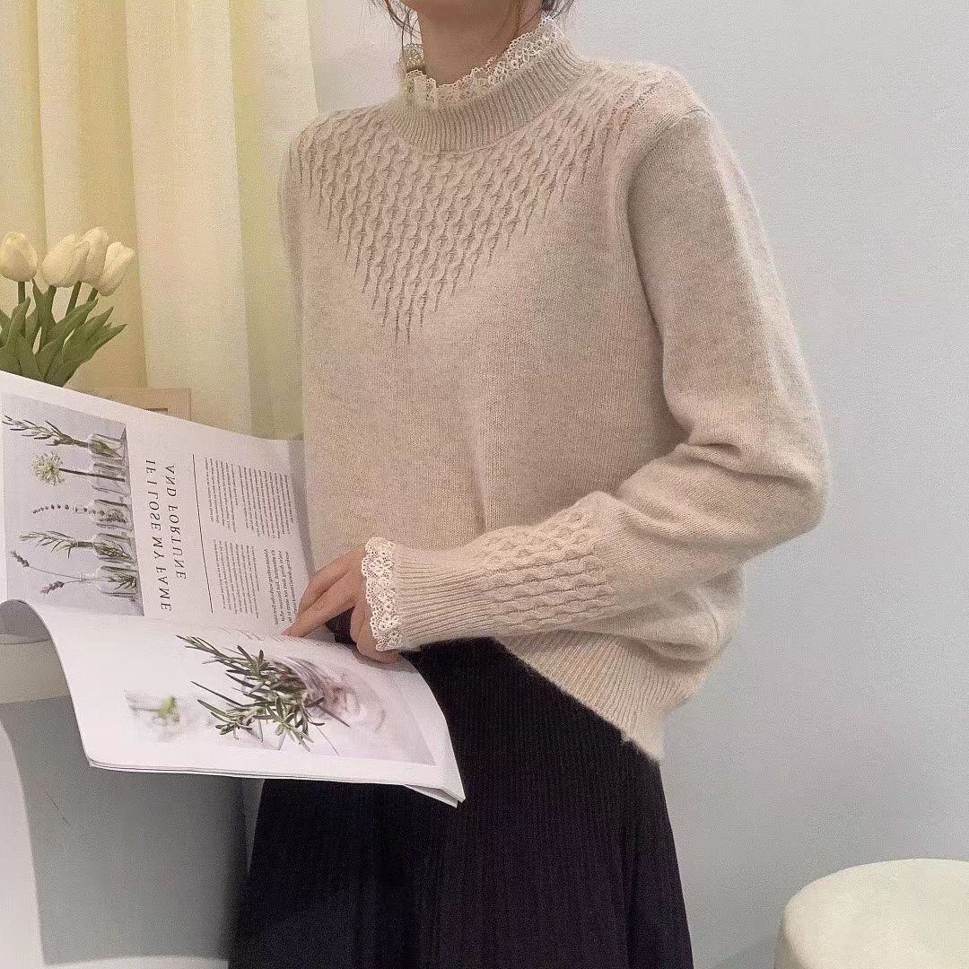 套头针织衫花边领浅卡其