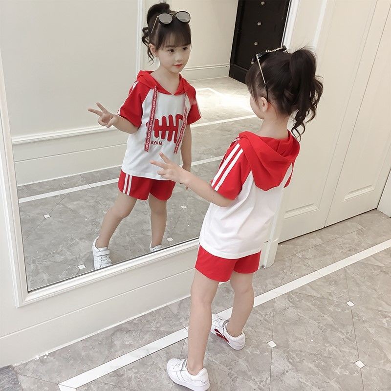 Pure cotton summer clothing for girls, fashionable two-piece set for middle and large children, stylish short-sleeved pants, sportswear, summer Korean-style set detail image 1