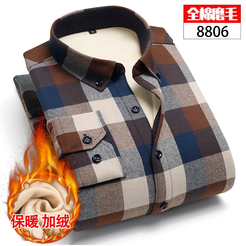 New fleece men's long-sleeved shirts for autumn and winter, men's casual formal wear, checked shirts, men's business office inch shirts detail image 6
