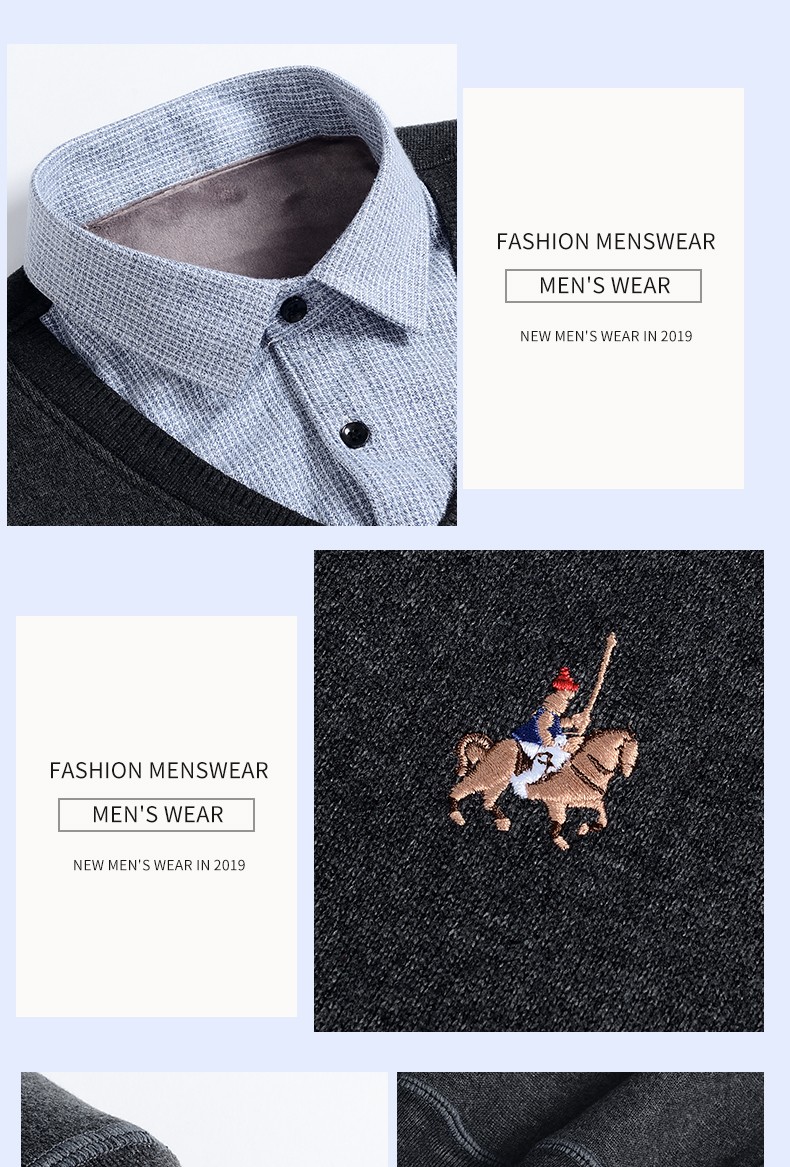 Men's two-piece sweater and shirt collar, trendy and fashionable casual men's top, autumn and winter base layer knitted sweater men's wholesale detail image 13