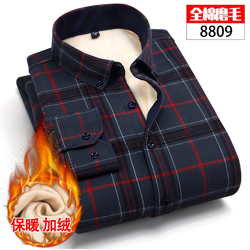 New fleece men's long-sleeved shirts for autumn and winter, men's casual formal wear, checked shirts, men's business office inch shirts detail image 8