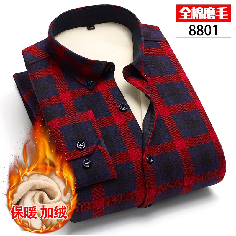 New fleece men's long-sleeved shirts for autumn and winter, men's casual formal wear, checked shirts, men's business inch shirts detail image 1