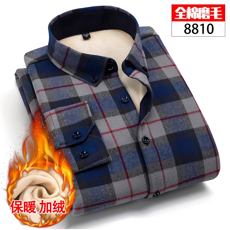 New fleece men's long-sleeved shirts for autumn and winter, men's casual formal wear, checked shirts, men's business office inch shirts detail image 1
