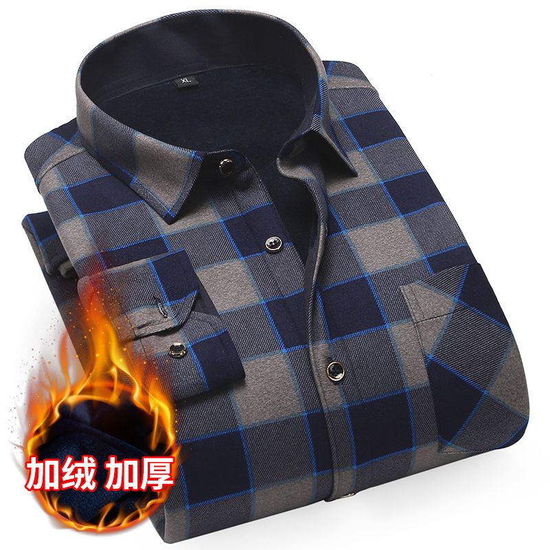 Wholesale long-sleeved new men's warm shirts for autumn and winter, Korean-style fitted, fleece and thickened checked shirts for middle-aged and elderly people details Picture