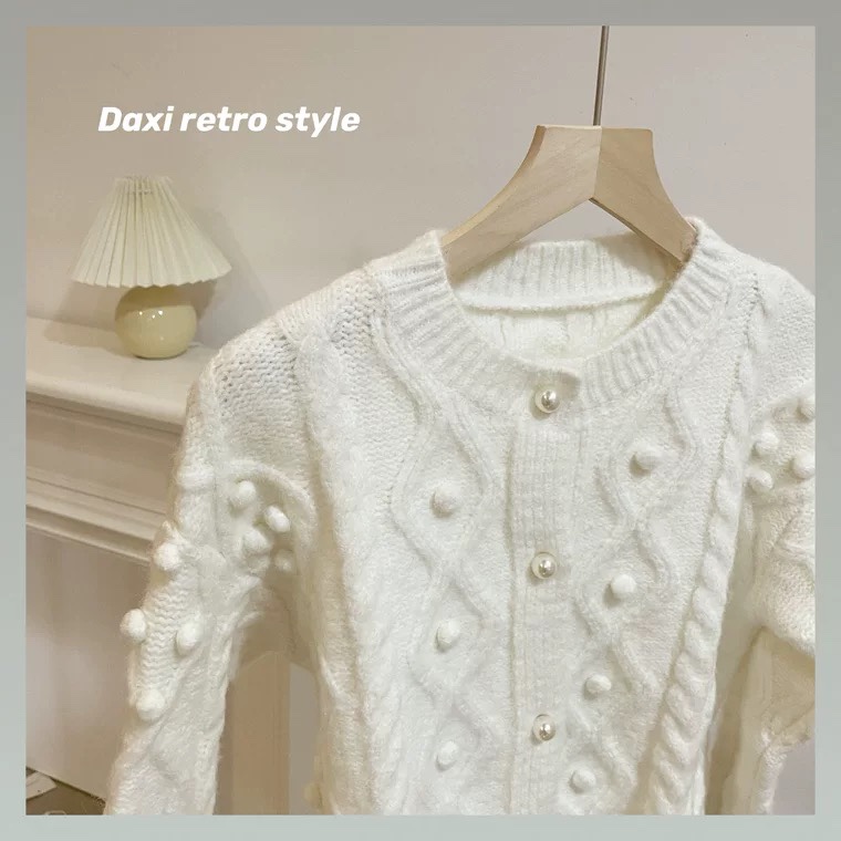复古绞花绣花珍珠扣开衫毛衣